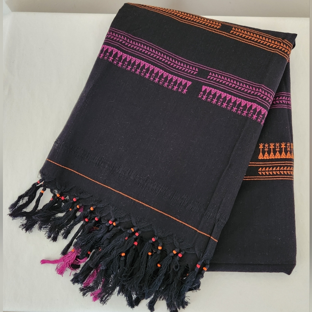 KHAADI Embroidered Wrap / Shawl- Black & Multicolor - Beaded Fringe - 100" x 36"